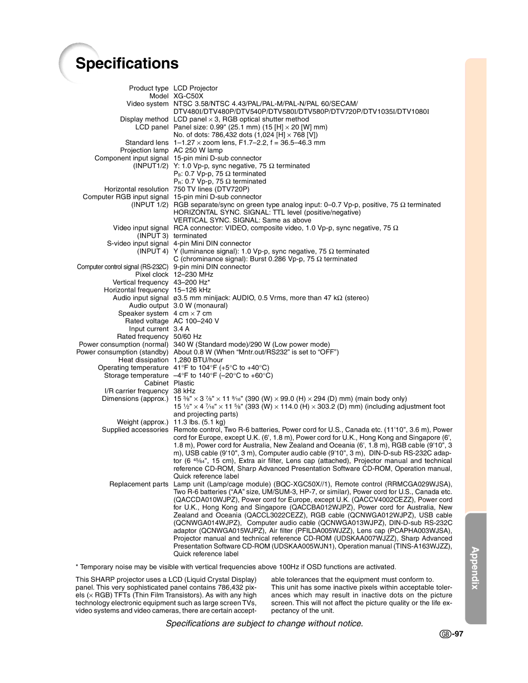 Sharp XG-C50X operation manual Specifications, Ntsc 3.58/NTSC 4.43/PAL/PAL-M/PAL-N/PAL 60/SECAM 