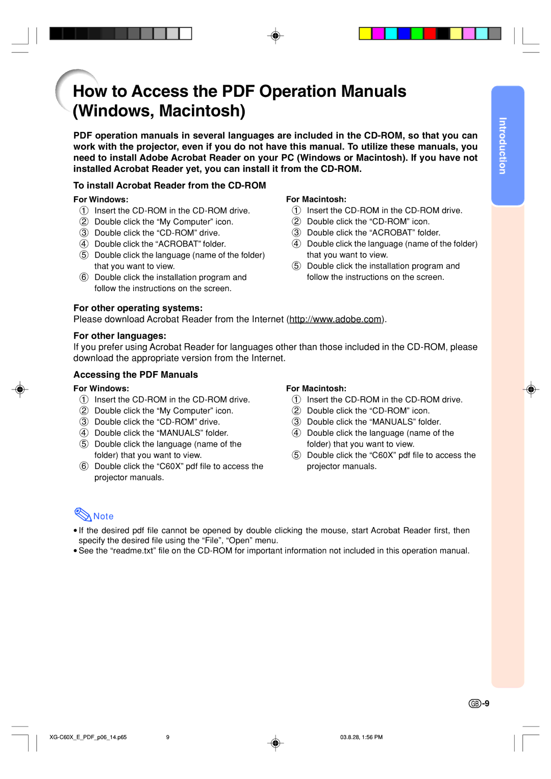 Sharp XG-C60X To install Acrobat Reader from the CD-ROM, For other operating systems For other languages, For Windows 