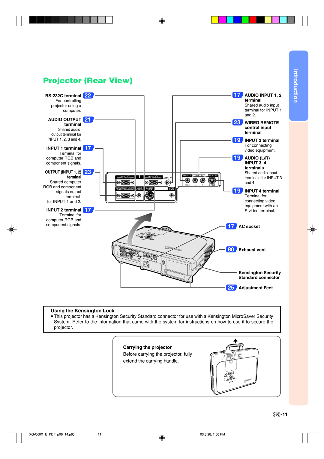 Sharp XG-C60X operation manual Projector Rear View, Using the Kensington Lock 