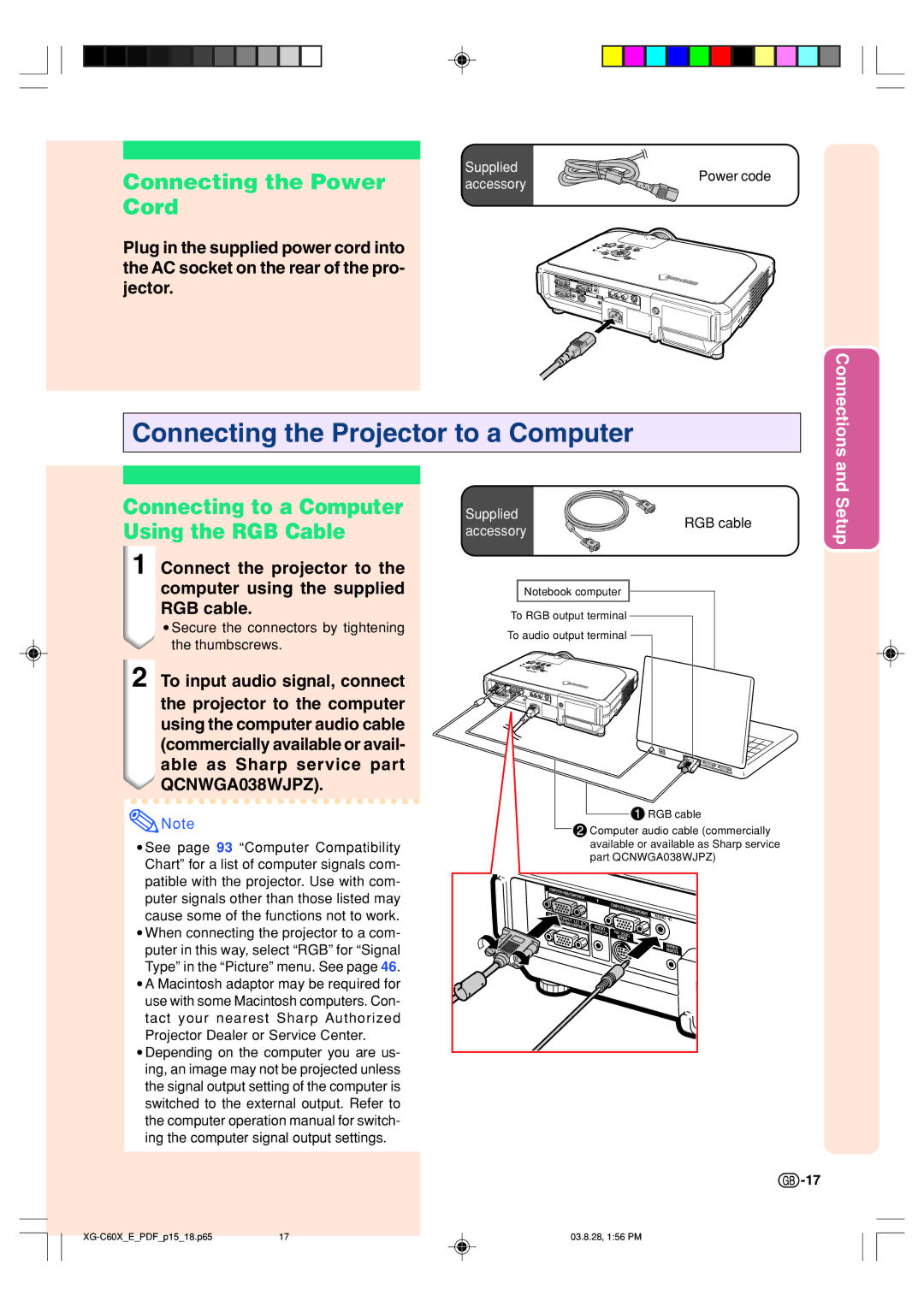 Sharp XG-C60X operation manual Connecting the Power Cord, Connecting to a Computer Using the RGB Cable 