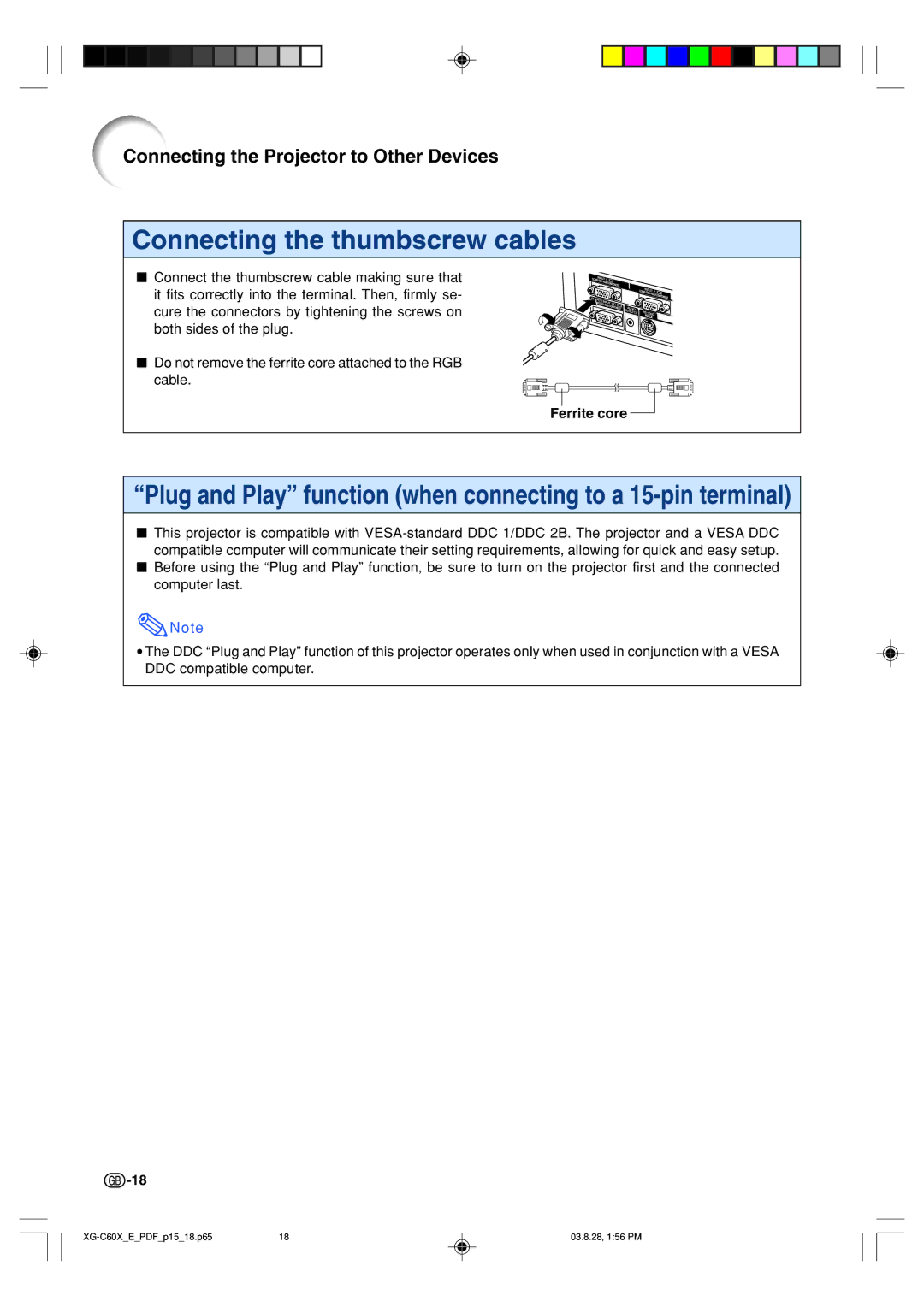 Sharp XG-C60X operation manual Connecting the thumbscrew cables, Ferrite core 