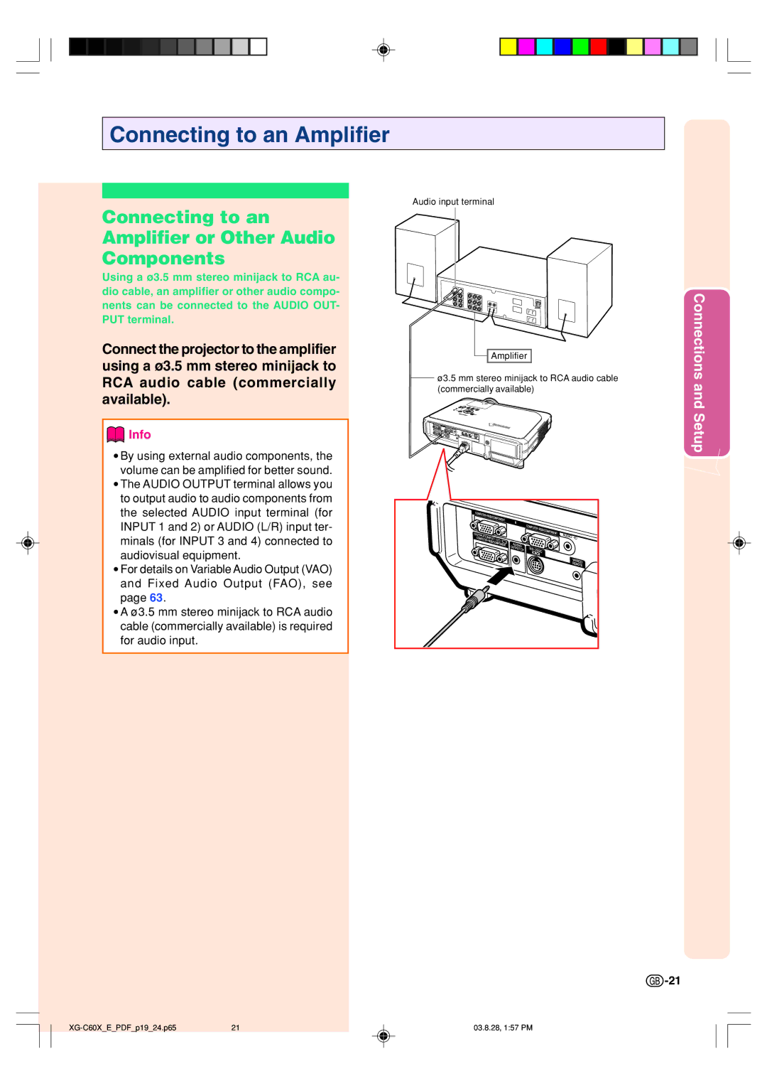 Sharp XG-C60X operation manual Connecting to an Amplifier or Other Audio Components 