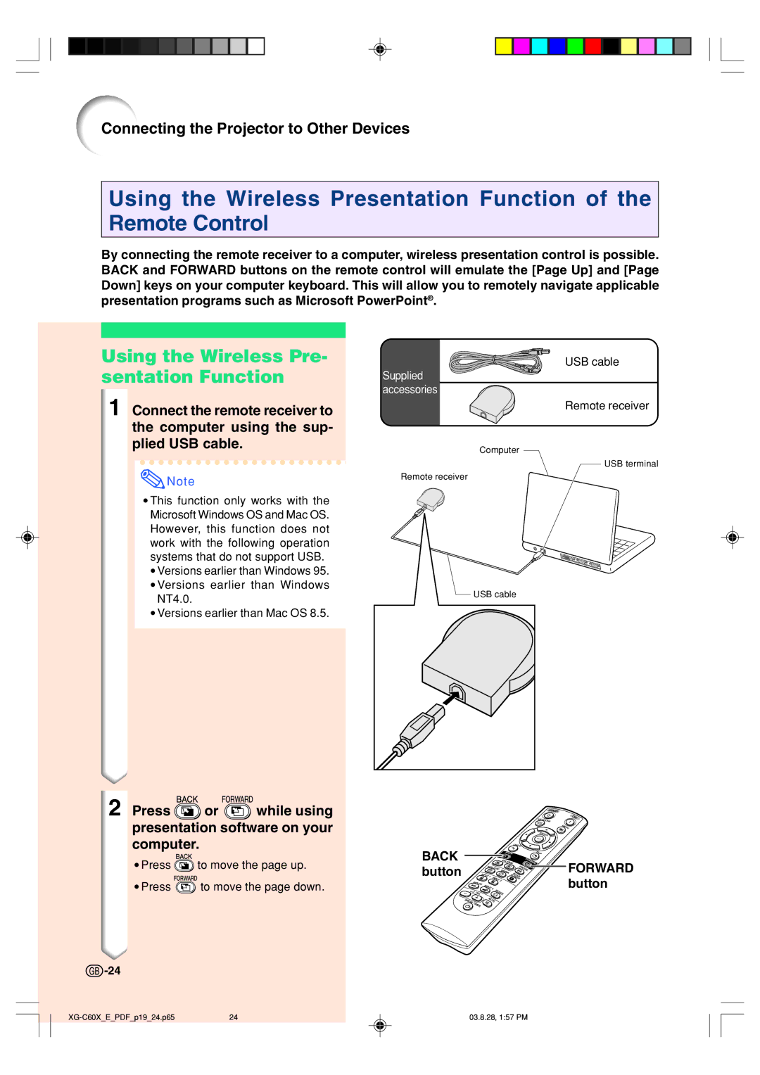 Sharp XG-C60X Using the Wireless Pre- sentation Function, Press or while using presentation software on your computer 