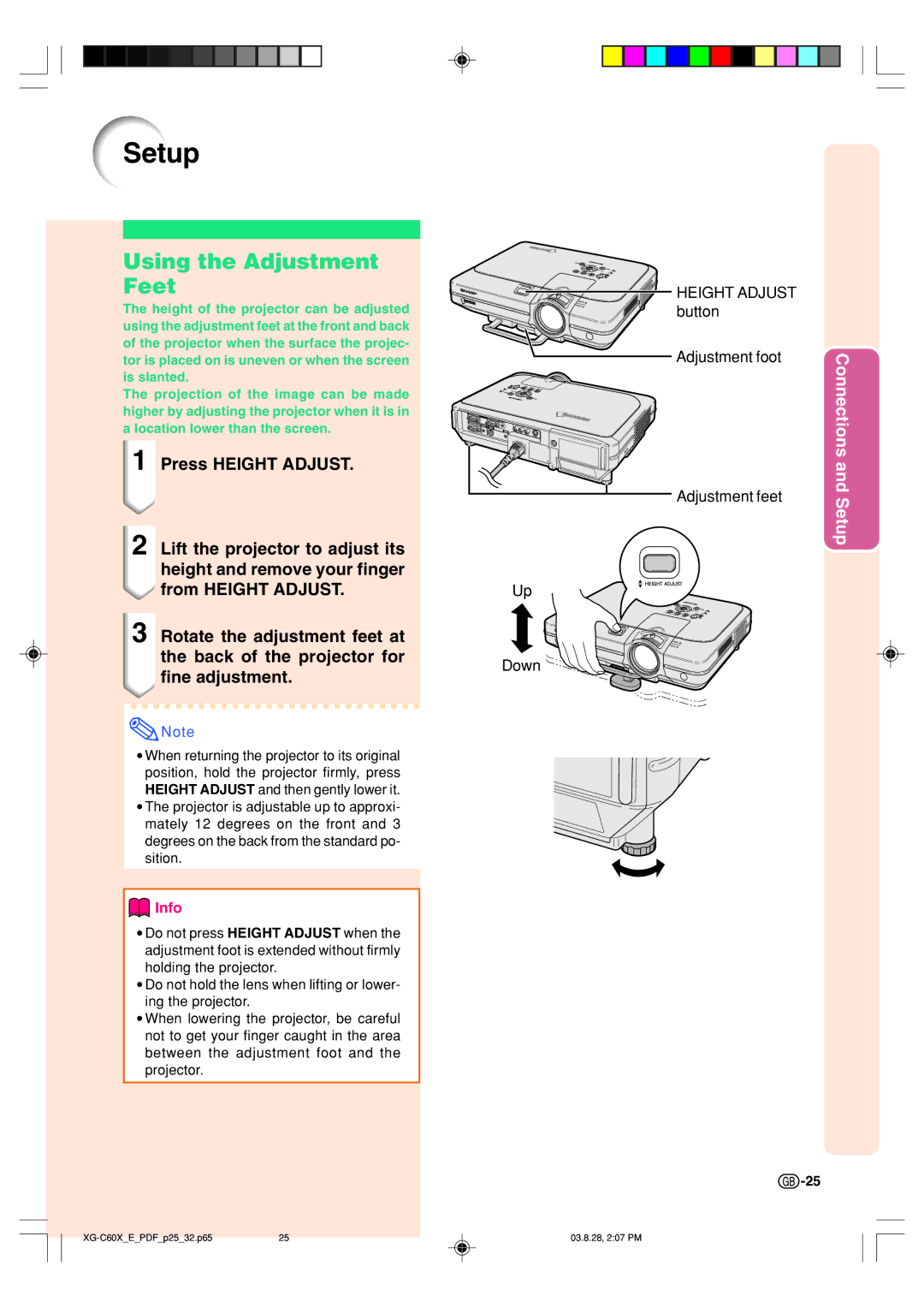 Sharp XG-C60X operation manual Setup, Using the Adjustment Feet 