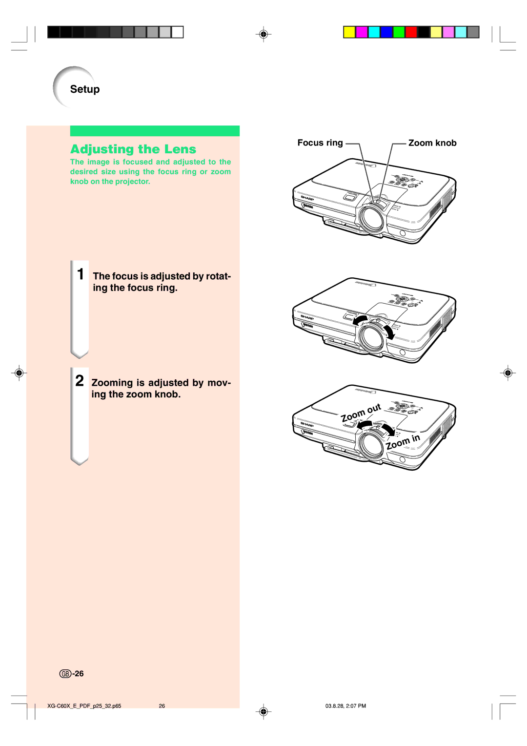 Sharp XG-C60X operation manual Adjusting the Lens, Focus ring Zoom knob, Out Zoom 