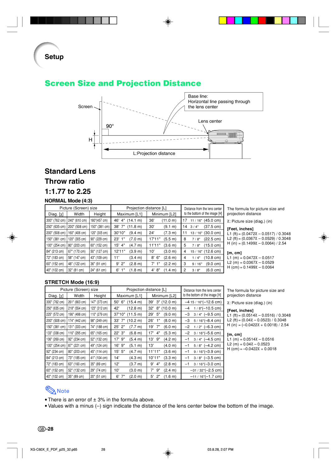 Sharp XG-C60X operation manual Screen Size and Projection Distance, Normal Mode, Stretch Mode 