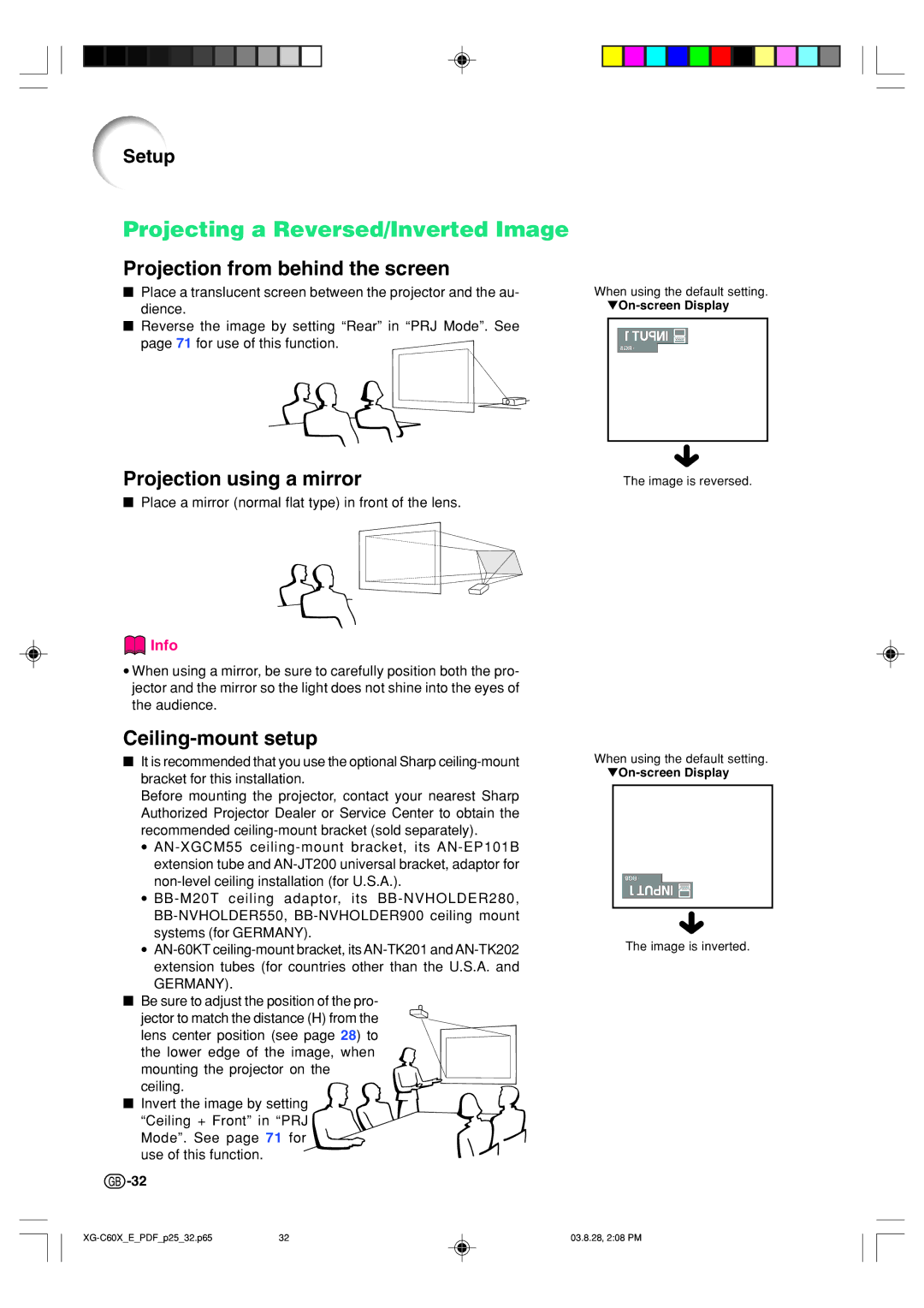 Sharp XG-C60X operation manual Projecting a Reversed/Inverted Image, Projection from behind the screen 