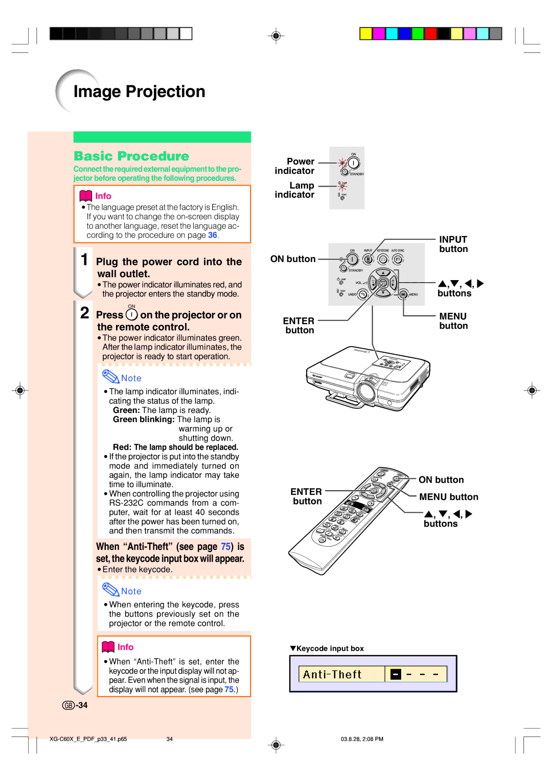 Sharp XG-C60X operation manual Image Projection, Basic Procedure, Plug the power cord into the wall outlet, Menu button 