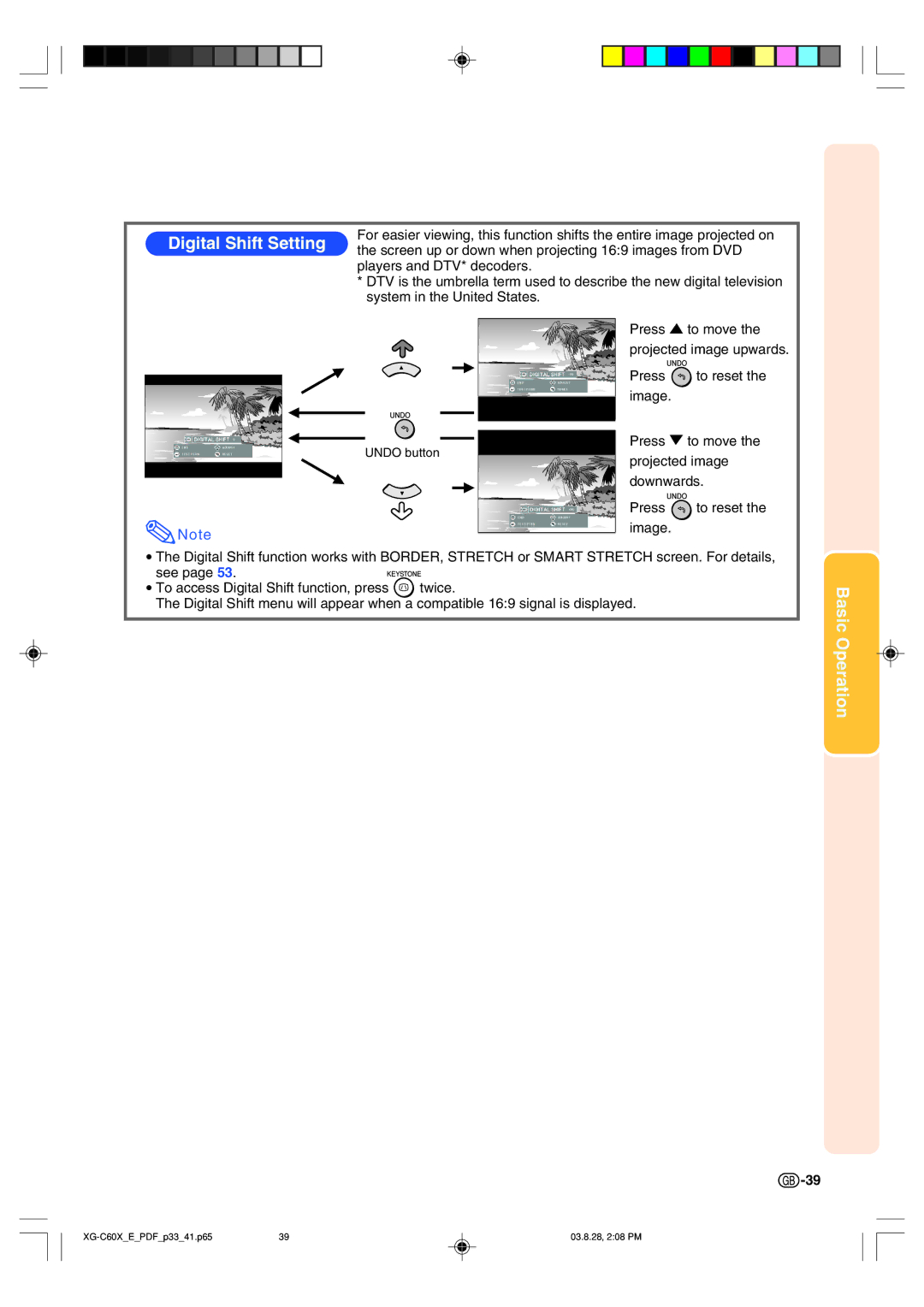 Sharp XG-C60X operation manual Digital Shift Setting 