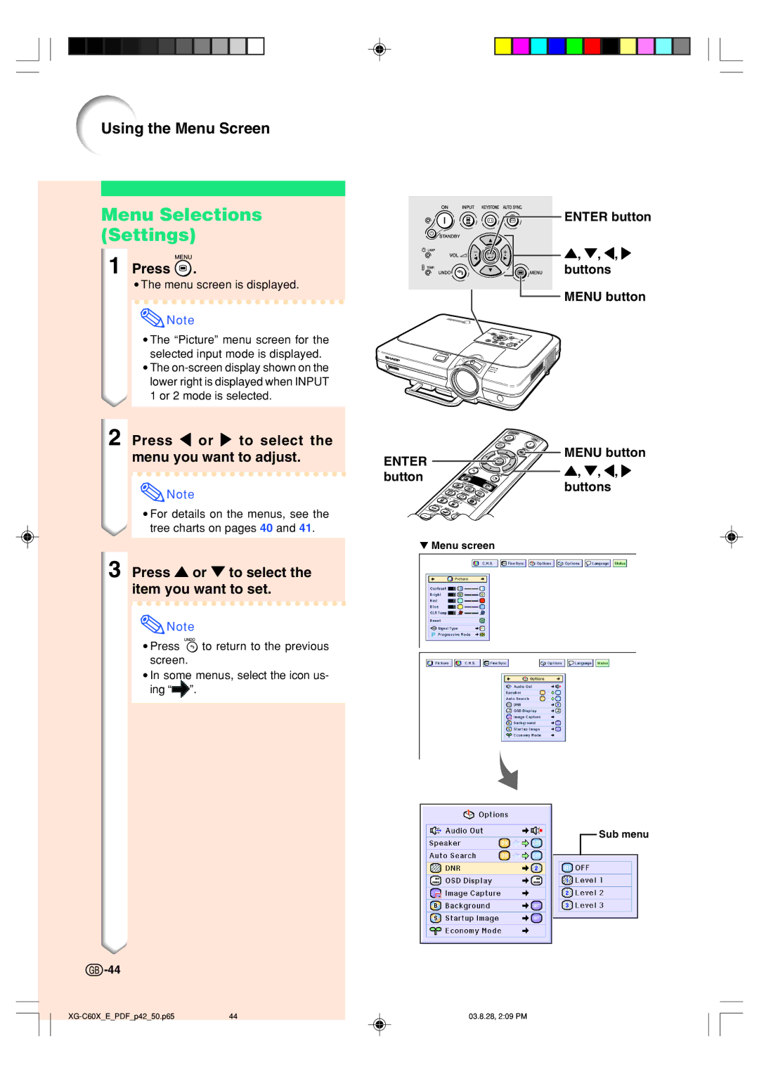 Sharp XG-C60X Menu Selections Settings, Press or to select the item you want to set, Enter button Buttons Menu button 