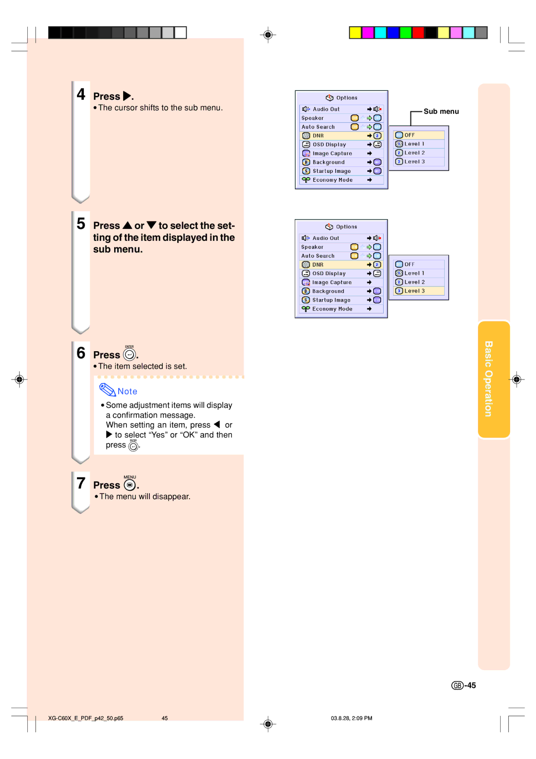 Sharp XG-C60X operation manual Cursor shifts to the sub menu 