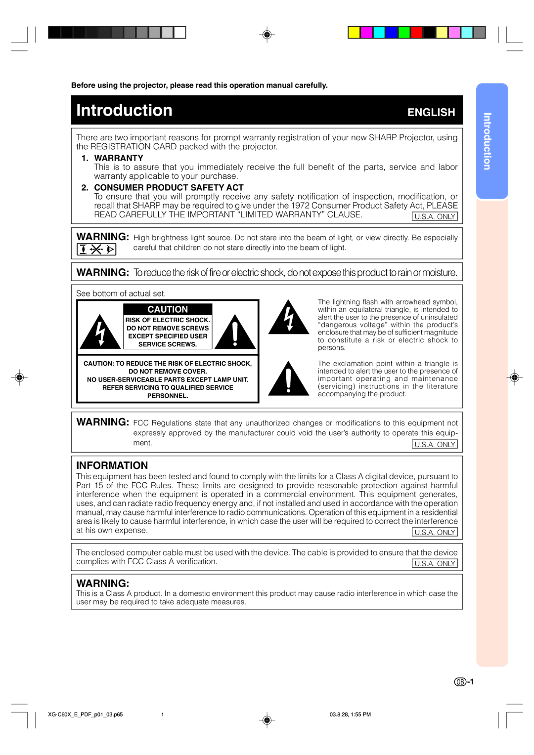 Sharp XG-C60X operation manual Introduction 