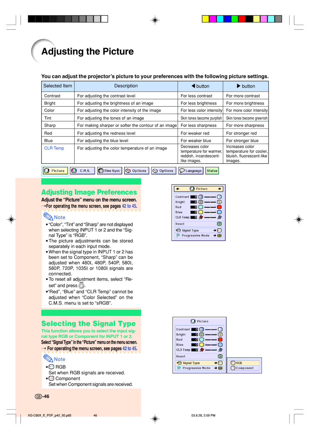 Sharp XG-C60X operation manual Adjusting the Picture, Adjusting Image Preferences, Selecting the Signal Type 