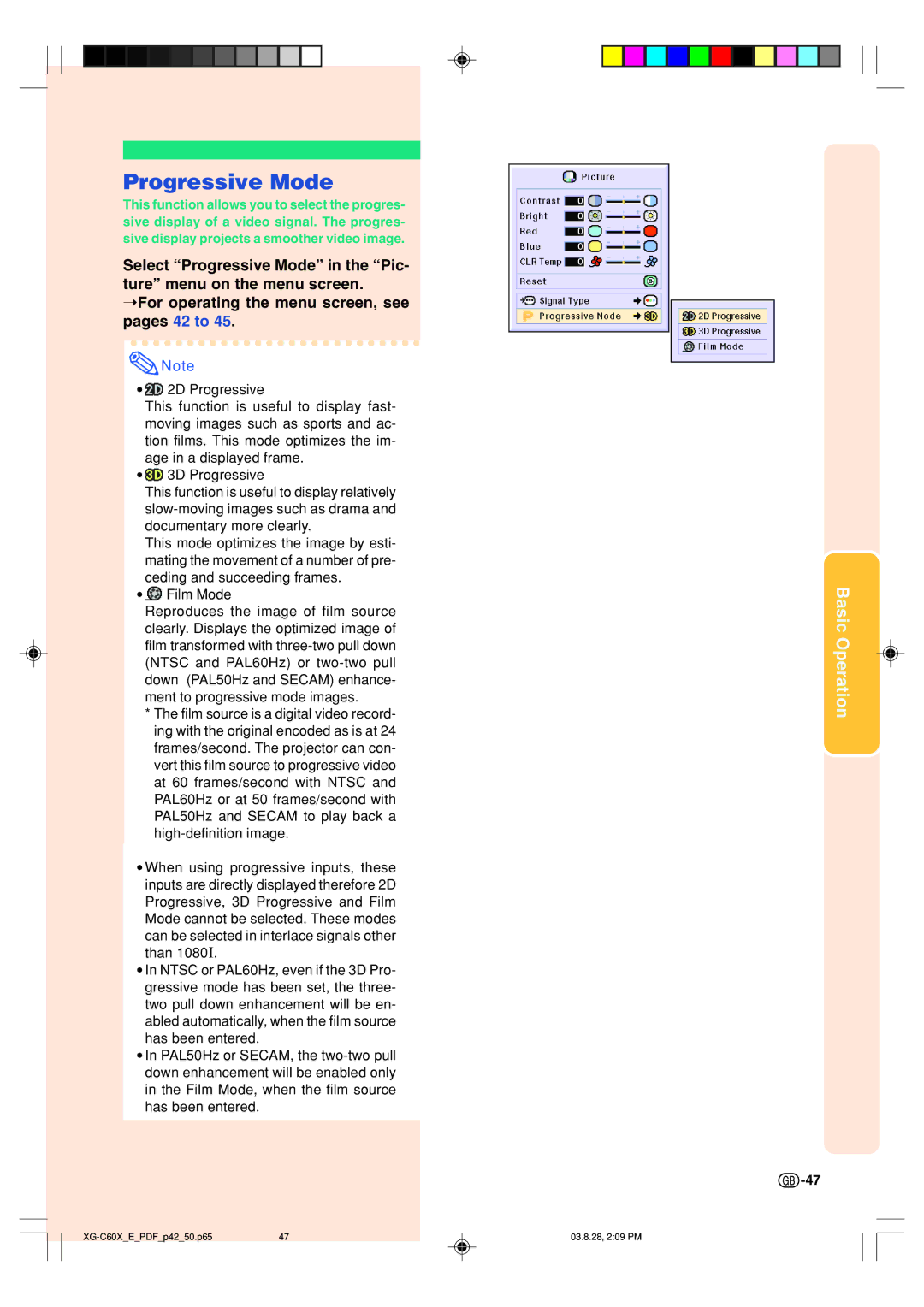 Sharp XG-C60X operation manual Progressive Mode 