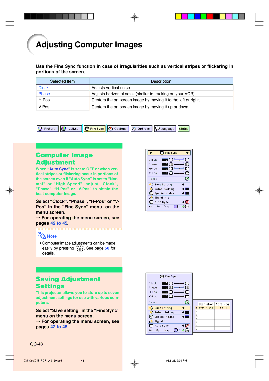 Sharp XG-C60X operation manual Adjusting Computer Images, Computer Image Adjustment, Saving Adjustment Settings 