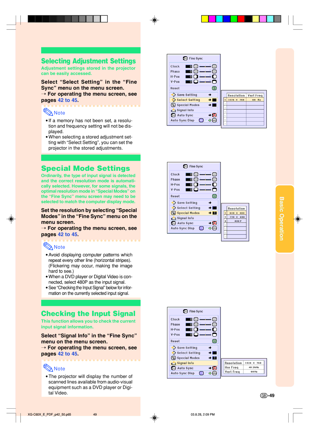 Sharp XG-C60X operation manual Selecting Adjustment Settings, Special Mode Settings, Checking the Input Signal 