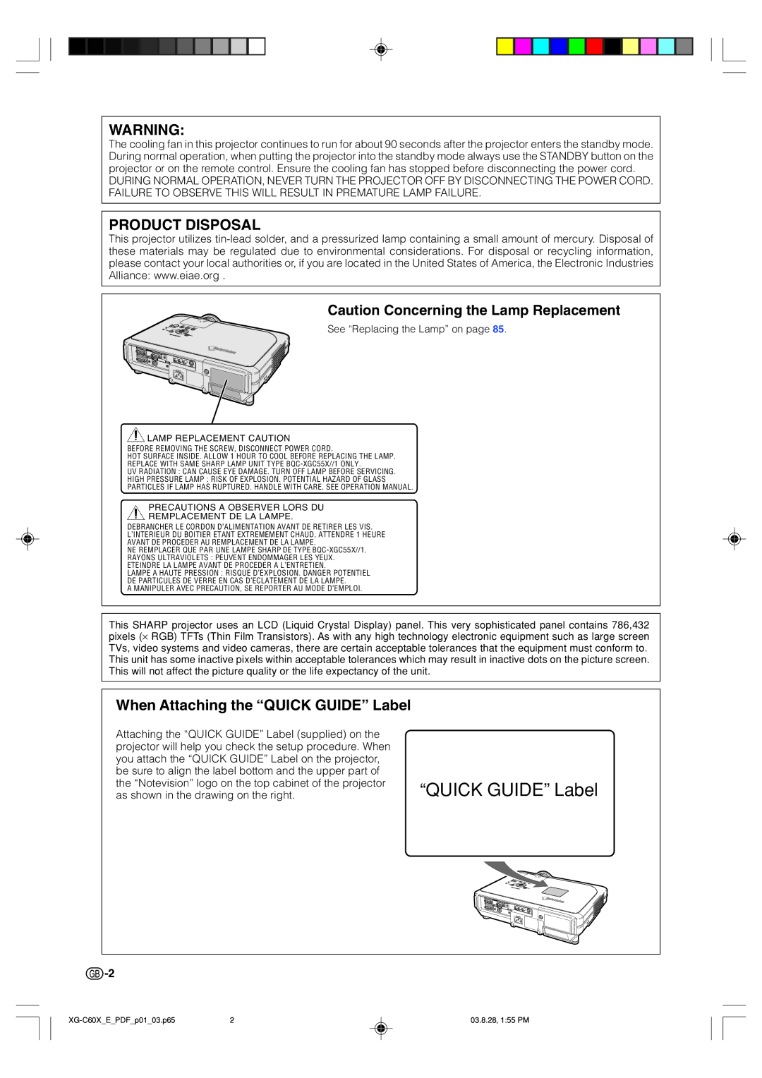 Sharp XG-C60X operation manual Product Disposal, When Attaching the Quick Guide Label 