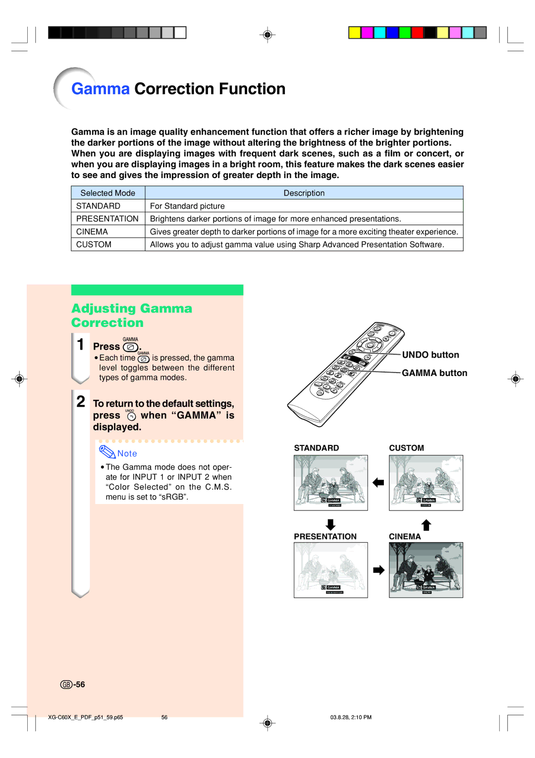 Sharp XG-C60X operation manual Gamma Correction Function, Adjusting Gamma Correction 