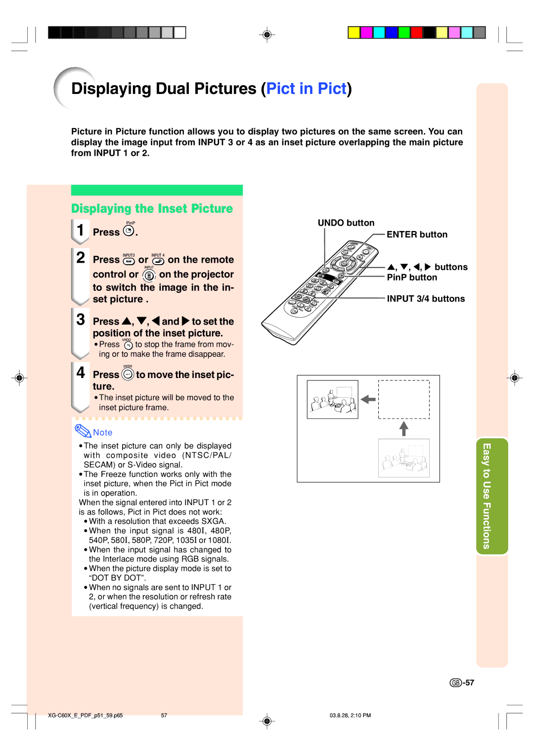 Sharp XG-C60X Displaying Dual Pictures Pict in Pict, Displaying the Inset Picture, Press to move the inset pic- ture 