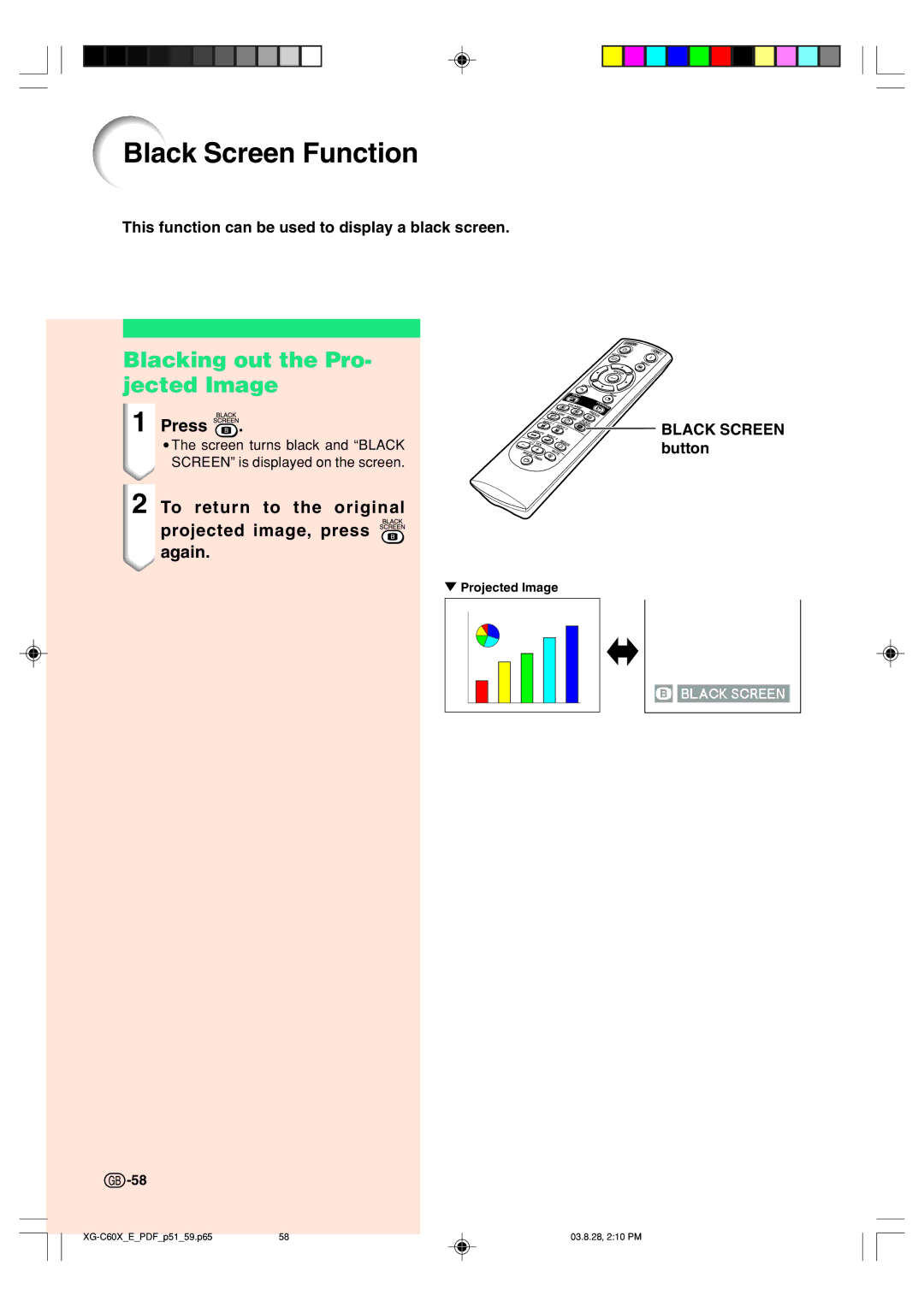 Sharp XG-C60X operation manual Black Screen Function, Blacking out the Pro- jected Image, Screen turns black and Black 