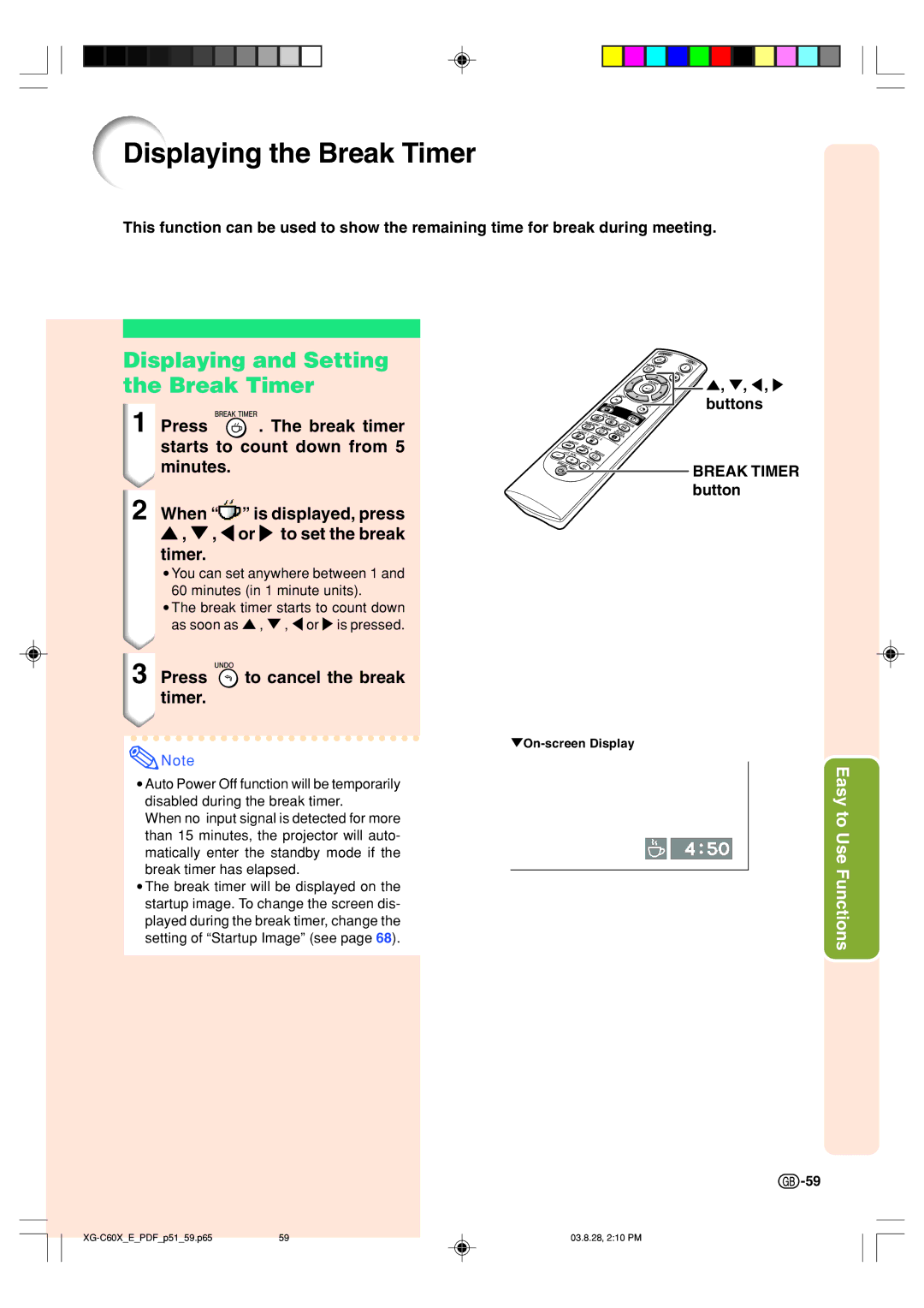 Sharp XG-C60X Displaying the Break Timer, Displaying and Setting the Break Timer, Press to cancel the break timer 