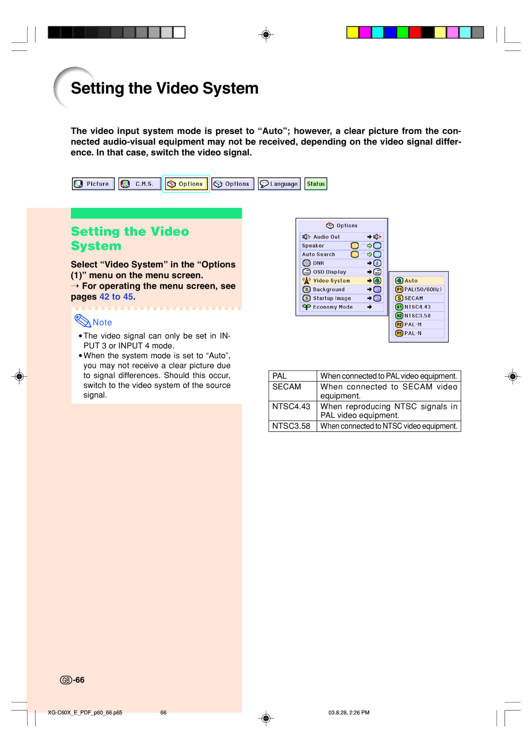 Sharp XG-C60X operation manual Setting the Video System 