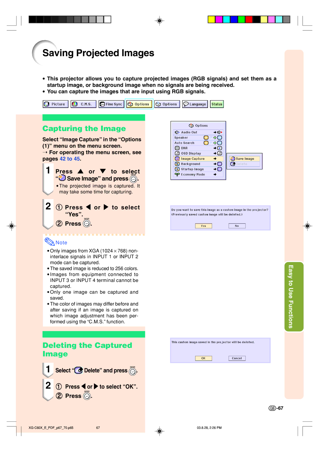 Sharp XG-C60X operation manual Saving Projected Images, Capturing the Image, Deleting the Captured Image 