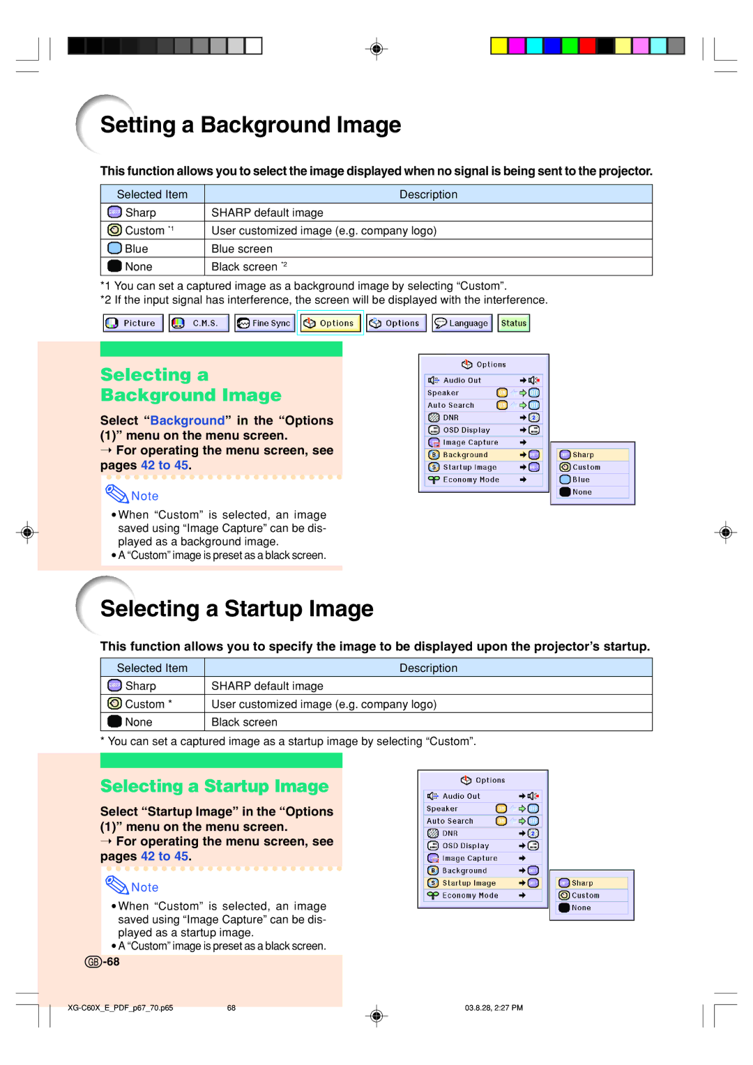 Sharp XG-C60X operation manual Setting a Background Image, Selecting a Startup Image, Selecting a Background Image 