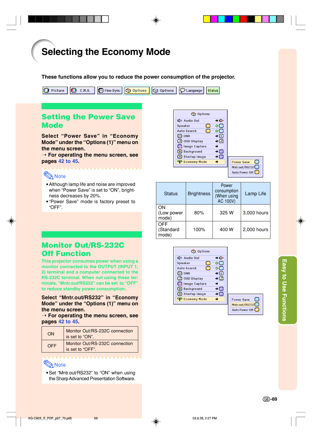 Sharp XG-C60X operation manual Selecting the Economy Mode, Setting the Power Save Mode, Monitor Out/RS-232C Off Function 