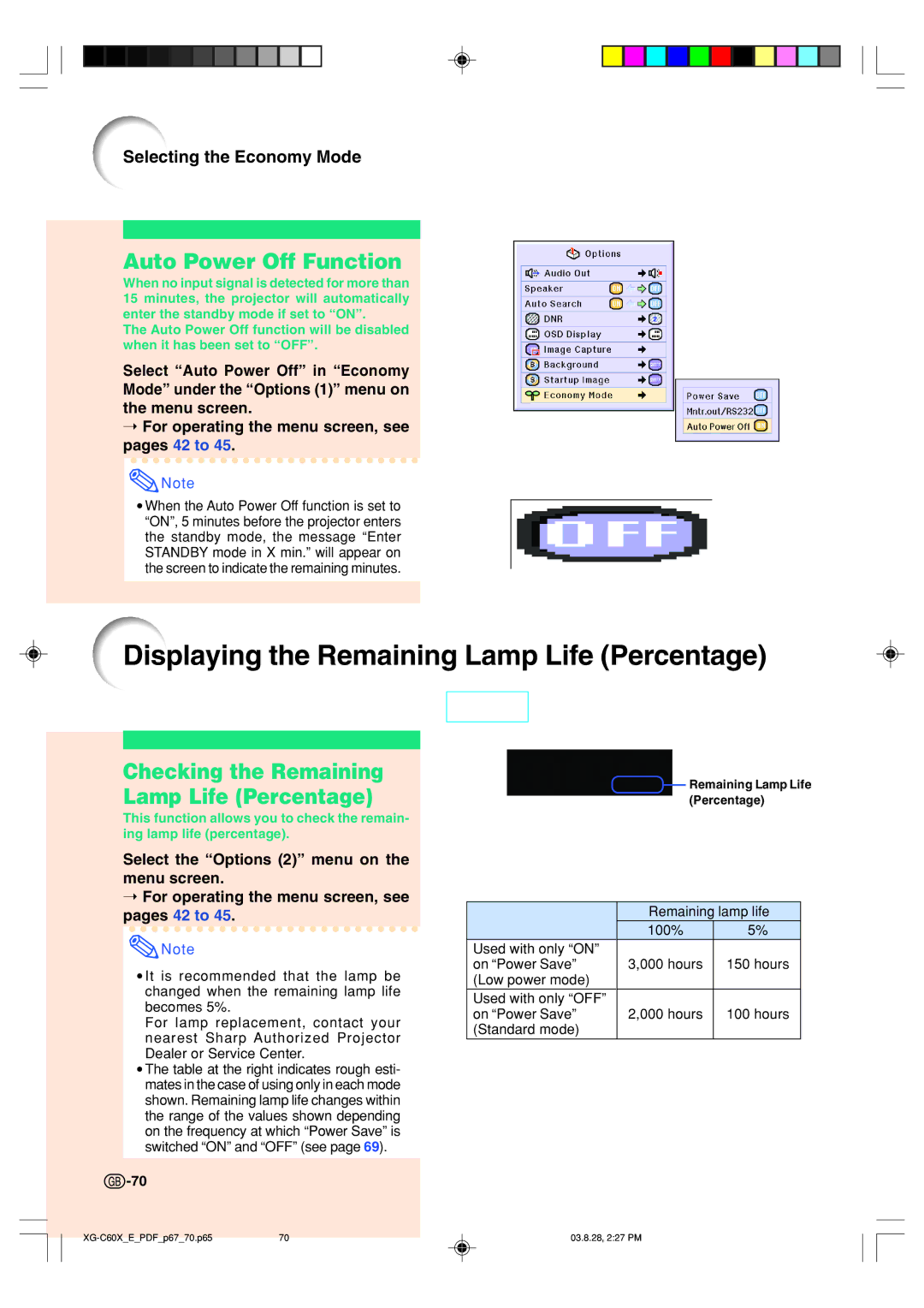 Sharp XG-C60X Displaying the Remaining Lamp Life Percentage, Auto Power Off Function, Selecting the Economy Mode 