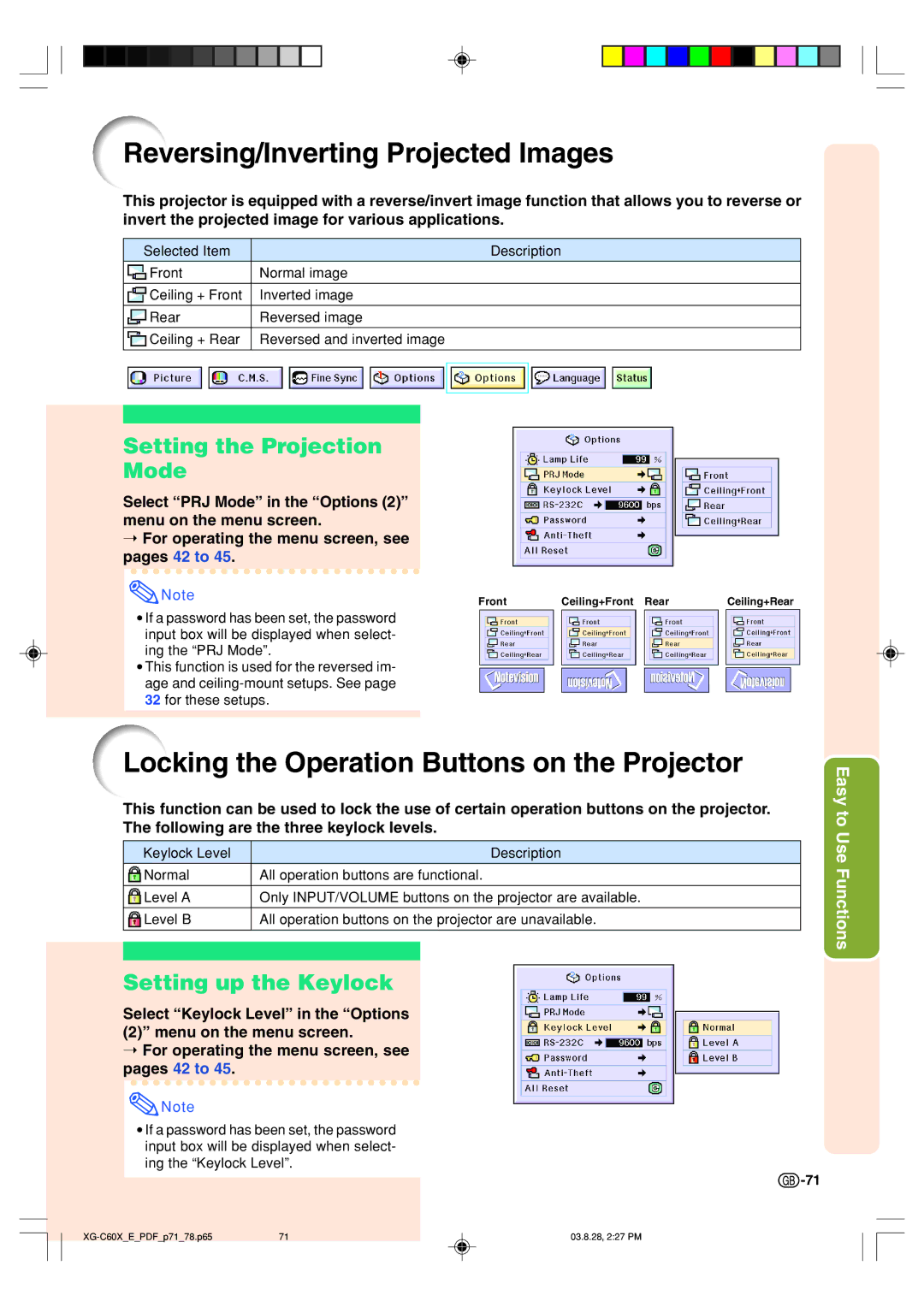 Sharp XG-C60X Reversing/Inverting Projected Images, Locking the Operation Buttons on the Projector, Setting up the Keylock 