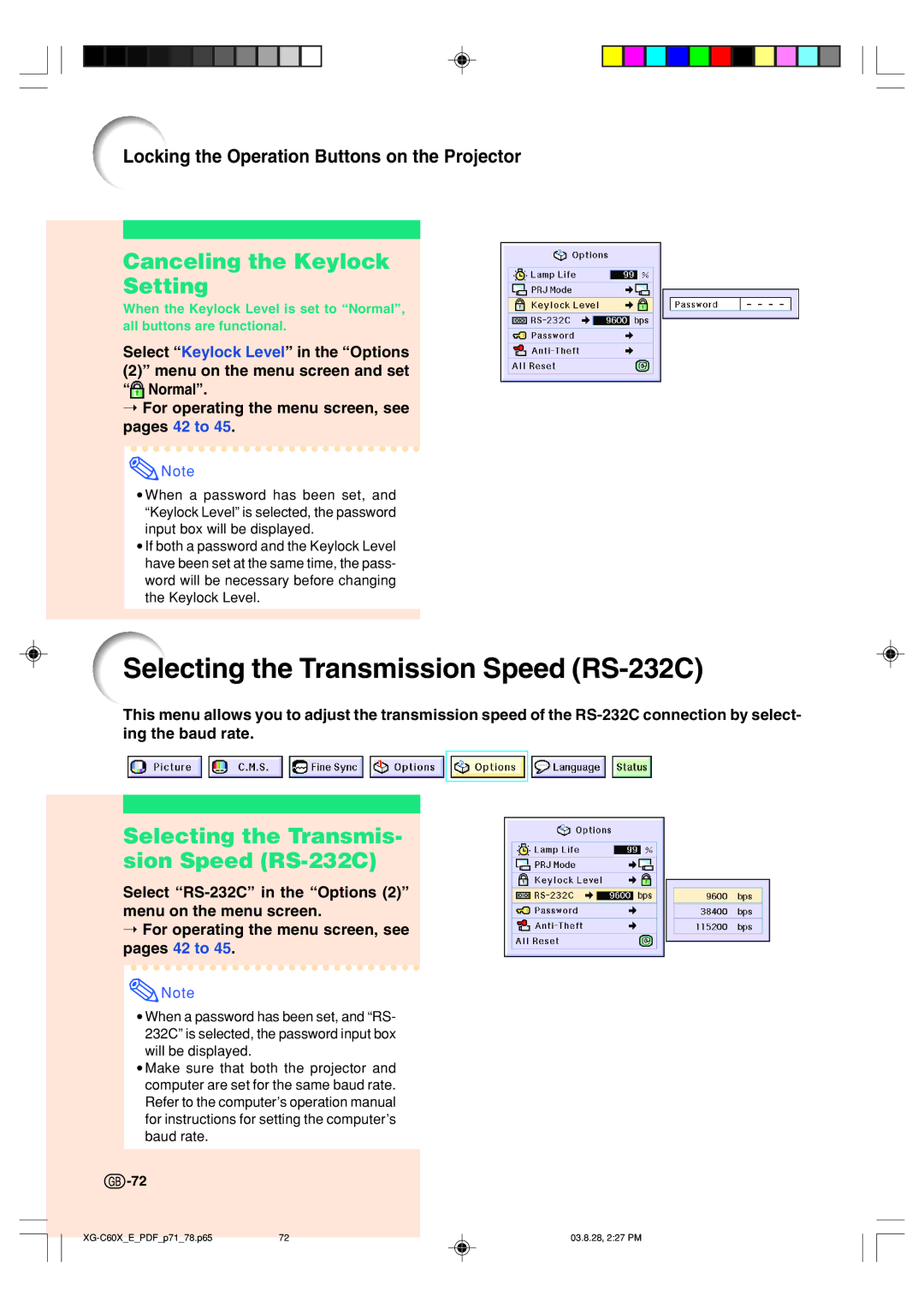 Sharp XG-C60X operation manual Selecting the Transmission Speed RS-232C, Canceling the Keylock Setting 