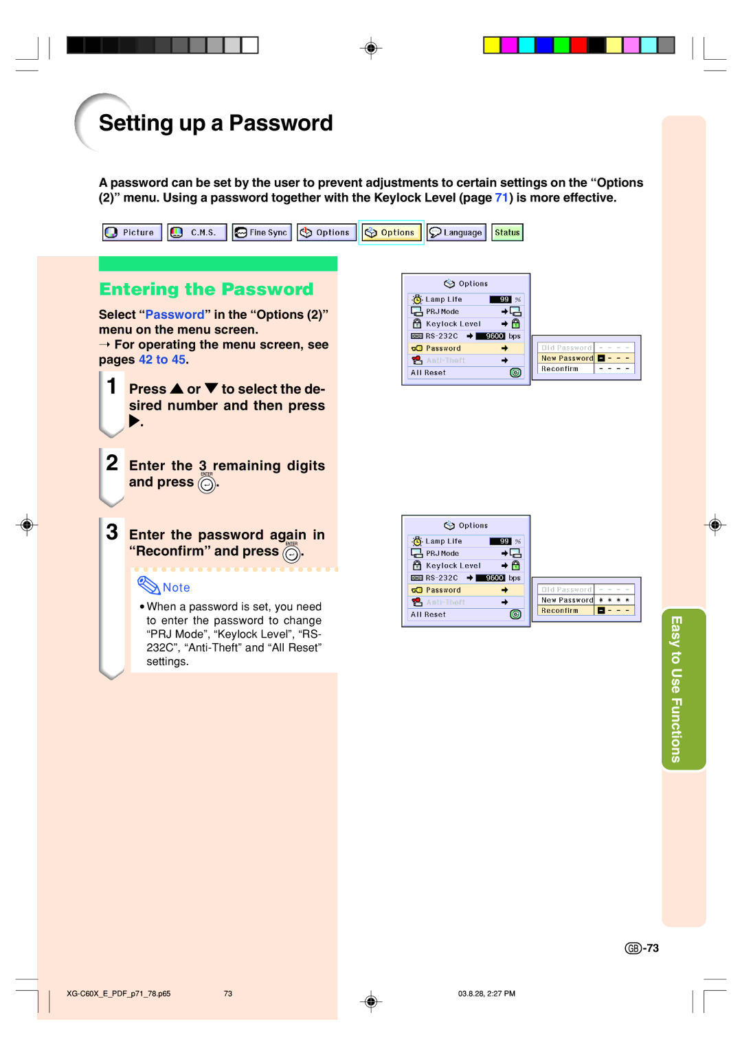 Sharp XG-C60X operation manual Setting up a Password, Entering the Password 