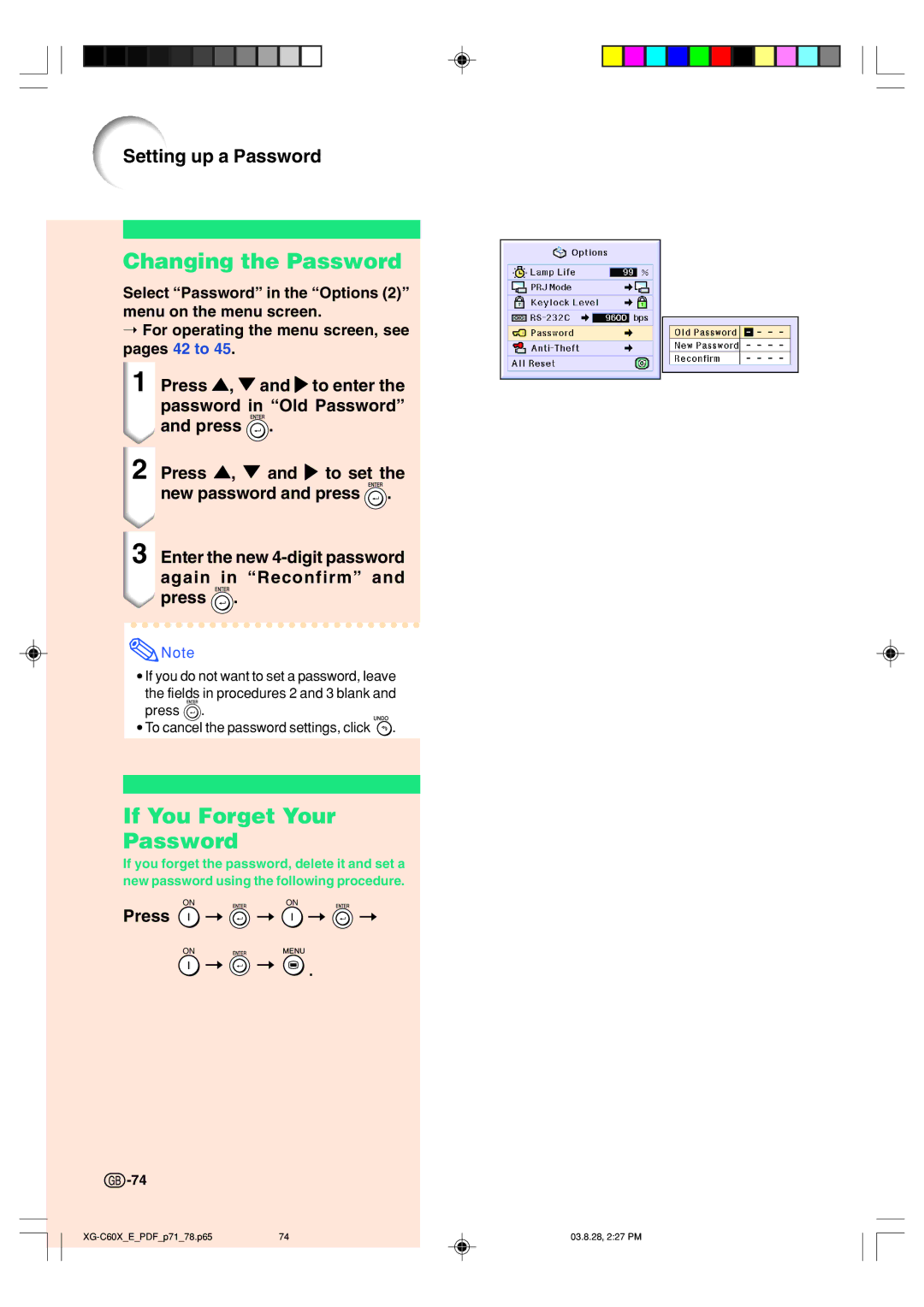 Sharp XG-C60X operation manual Changing the Password, If You Forget Your Password 