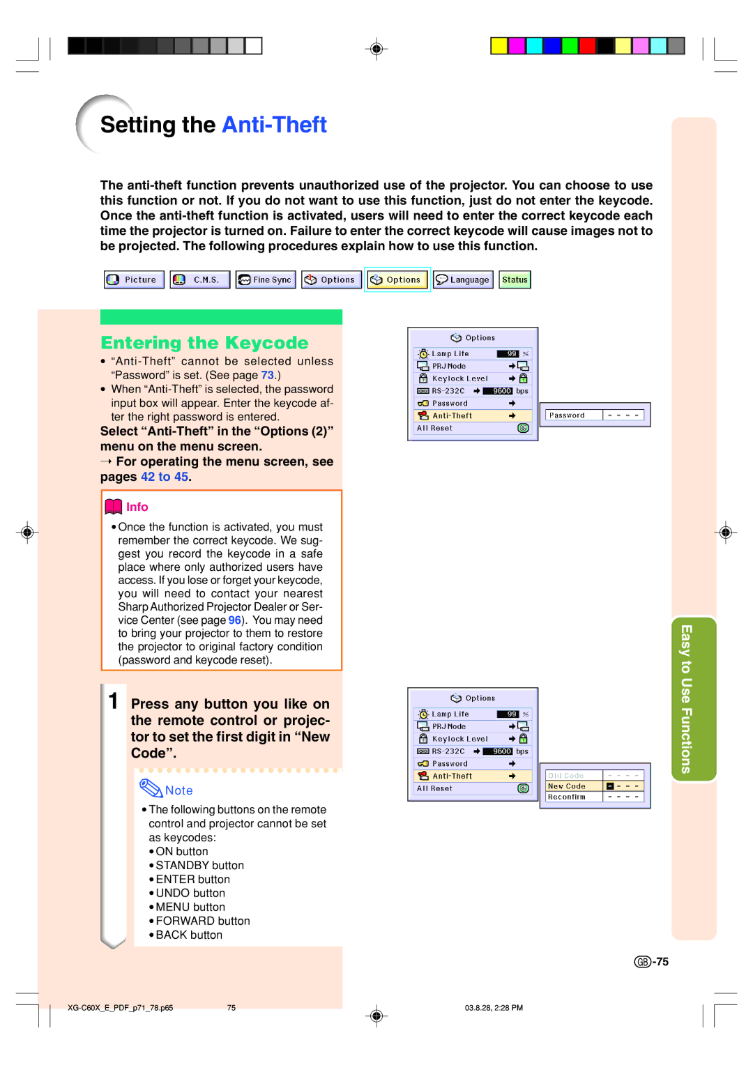 Sharp XG-C60X operation manual Setting the Anti-Theft, Entering the Keycode 