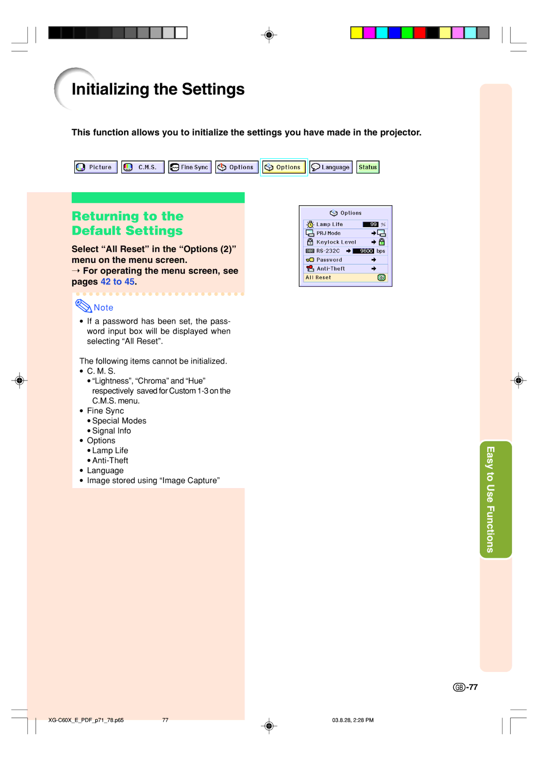 Sharp XG-C60X operation manual Initializing the Settings, Returning to Default Settings 