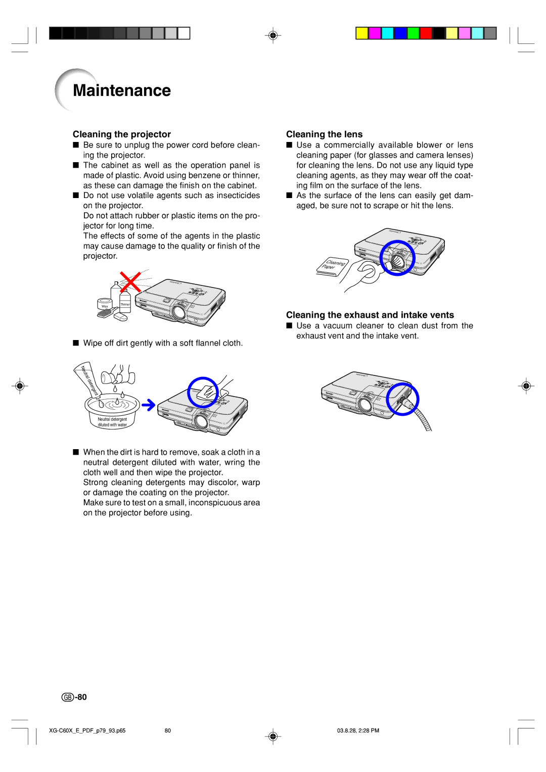 Sharp XG-C60X Maintenance, Cleaning the projector, Cleaning the lens, Cleaning the exhaust and intake vents 