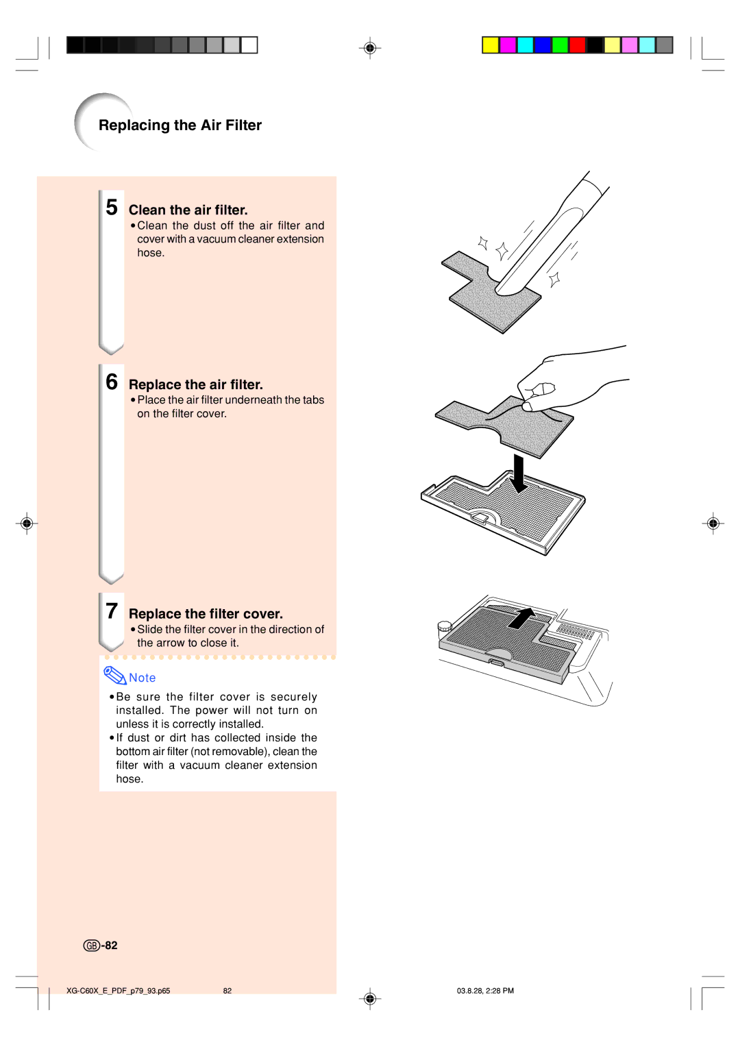 Sharp XG-C60X operation manual Clean the air filter, Replace the air filter, Replace the filter cover 