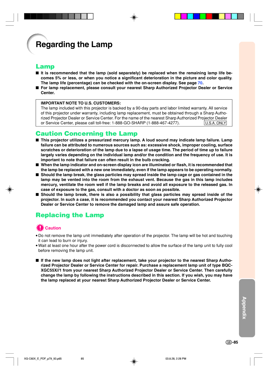 Sharp XG-C60X operation manual Regarding the Lamp, Replacing the Lamp 