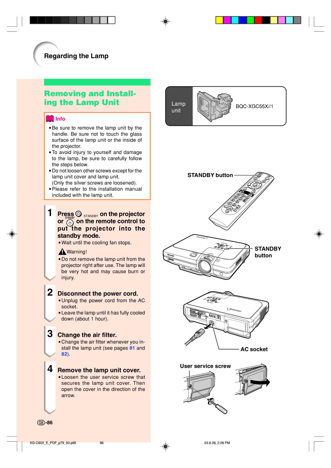 Sharp XG-C60X operation manual Removing and Install- ing the Lamp Unit, Change the air filter, Remove the lamp unit cover 