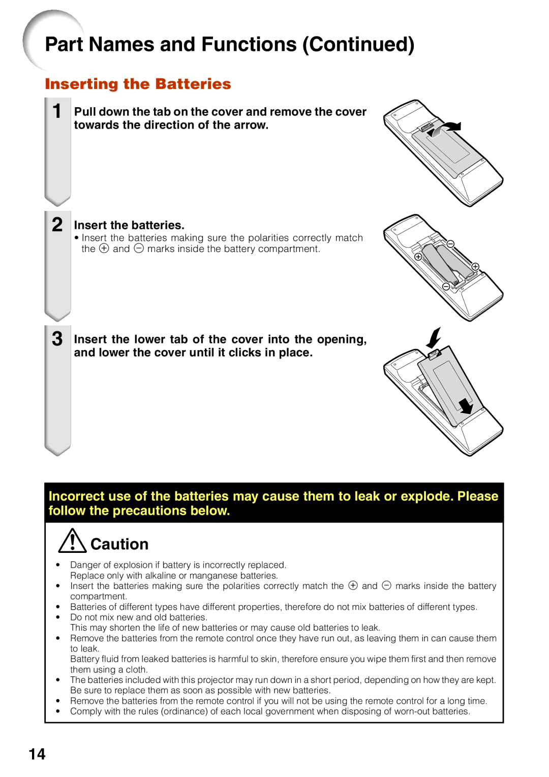 Sharp XG-F260X, XG-F210X operation manual Inserting the Batteries 