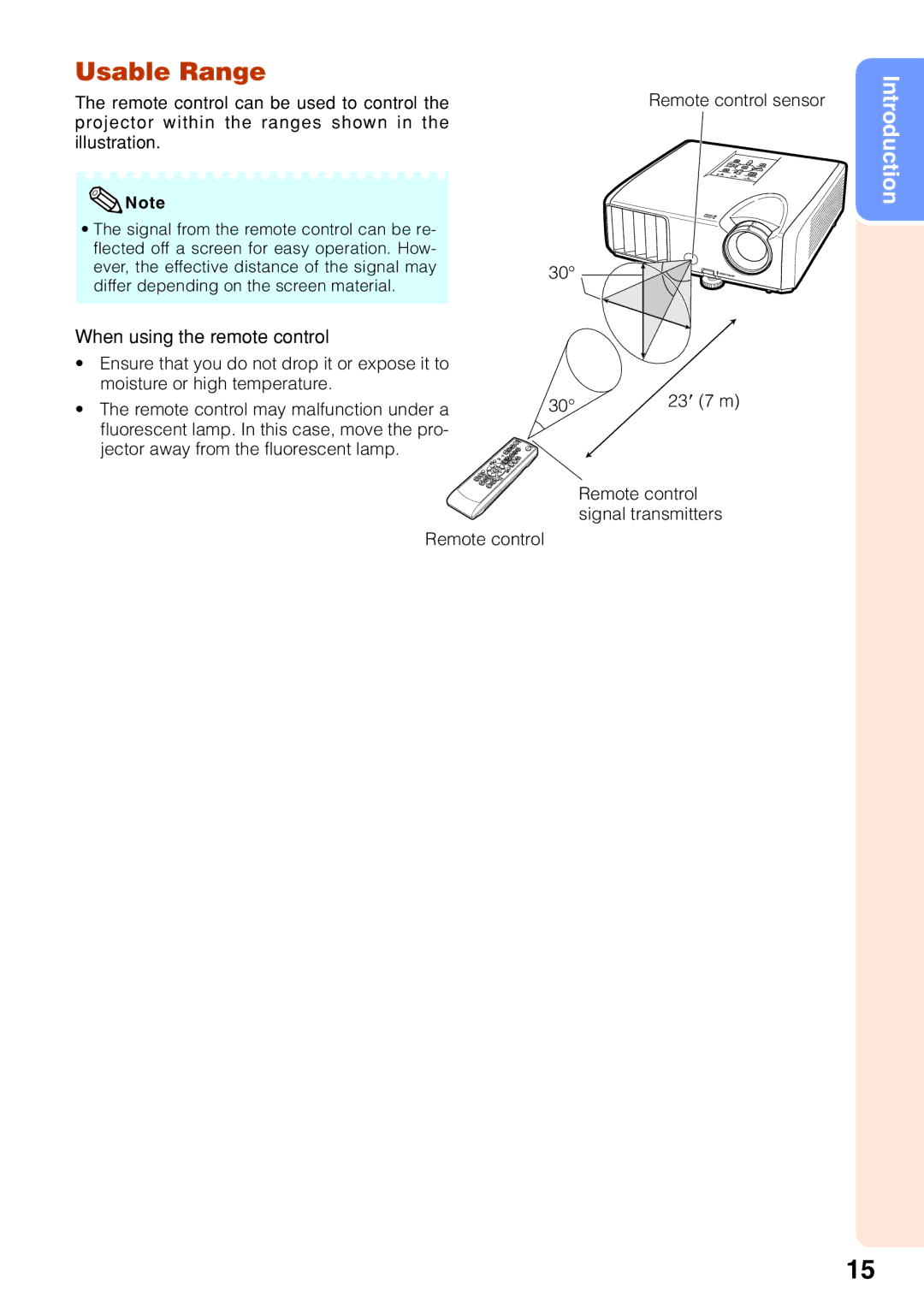 Sharp XG-F210X Usable Range, Remote control can be used to control, Projector within the ranges shown Illustration 