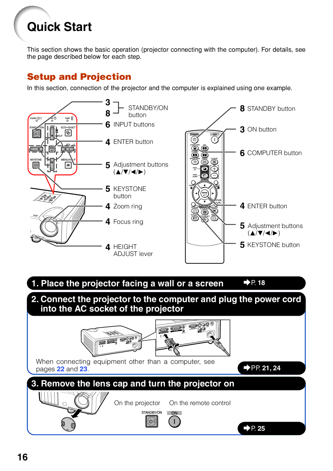 Sharp XG-F260X, XG-F210X Quick Start, Setup and Projection, When connecting equipment other than a computer, see, Pages 22 