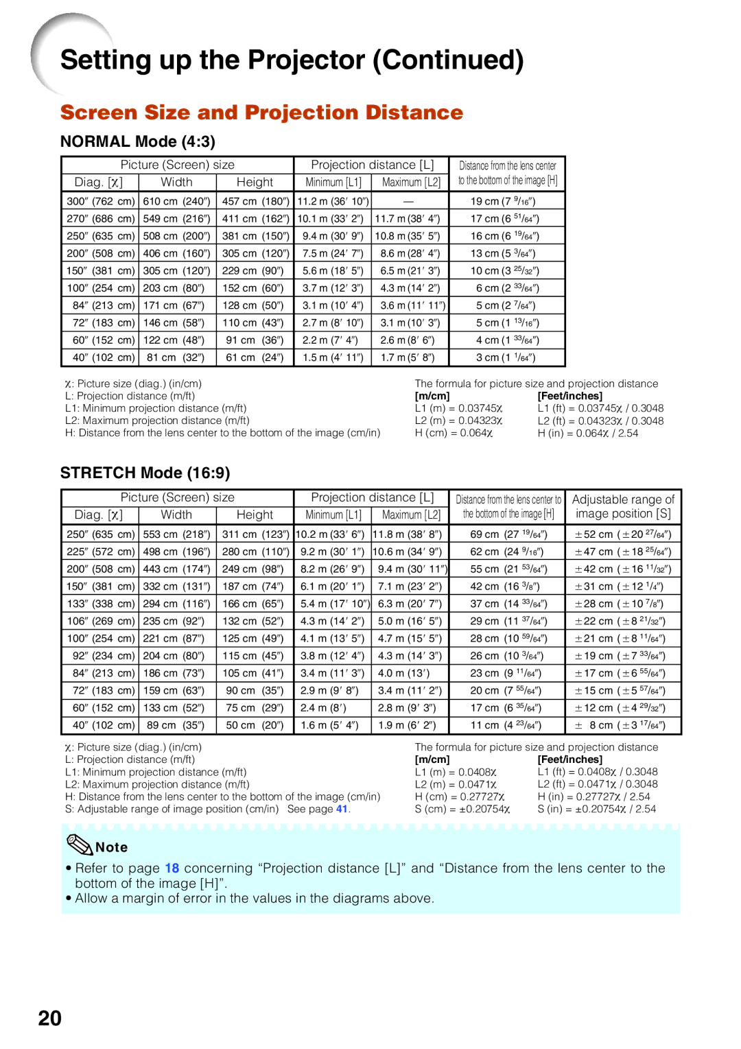 Sharp XG-F260X, XG-F210X operation manual Screen Size and Projection Distance, Normal Mode, Stretch Mode 