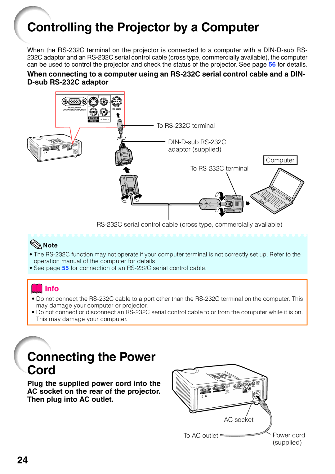 Sharp XG-F260X, XG-F210X operation manual Controlling the Projector by a Computer, Connecting the Power Cord 