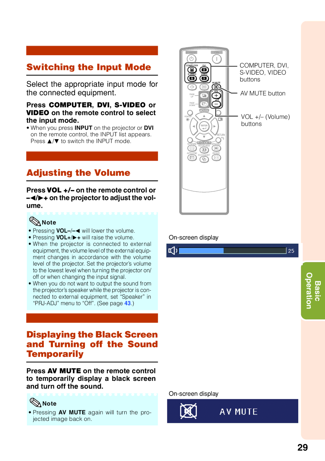 Sharp XG-F210X, XG-F260X Switching the Input Mode, Adjusting the Volume, Buttons AV Mute button VOL +/- Volume buttons 