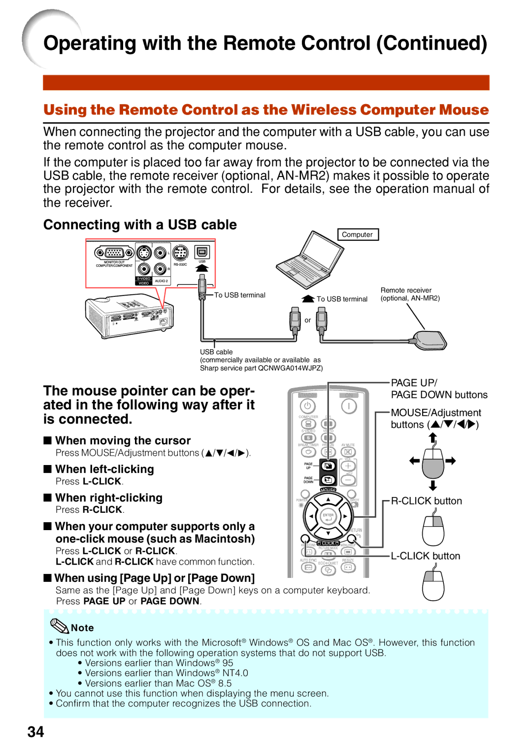 Sharp XG-F260X Using the Remote Control as the Wireless Computer Mouse, When moving the cursor, When left-clicking 