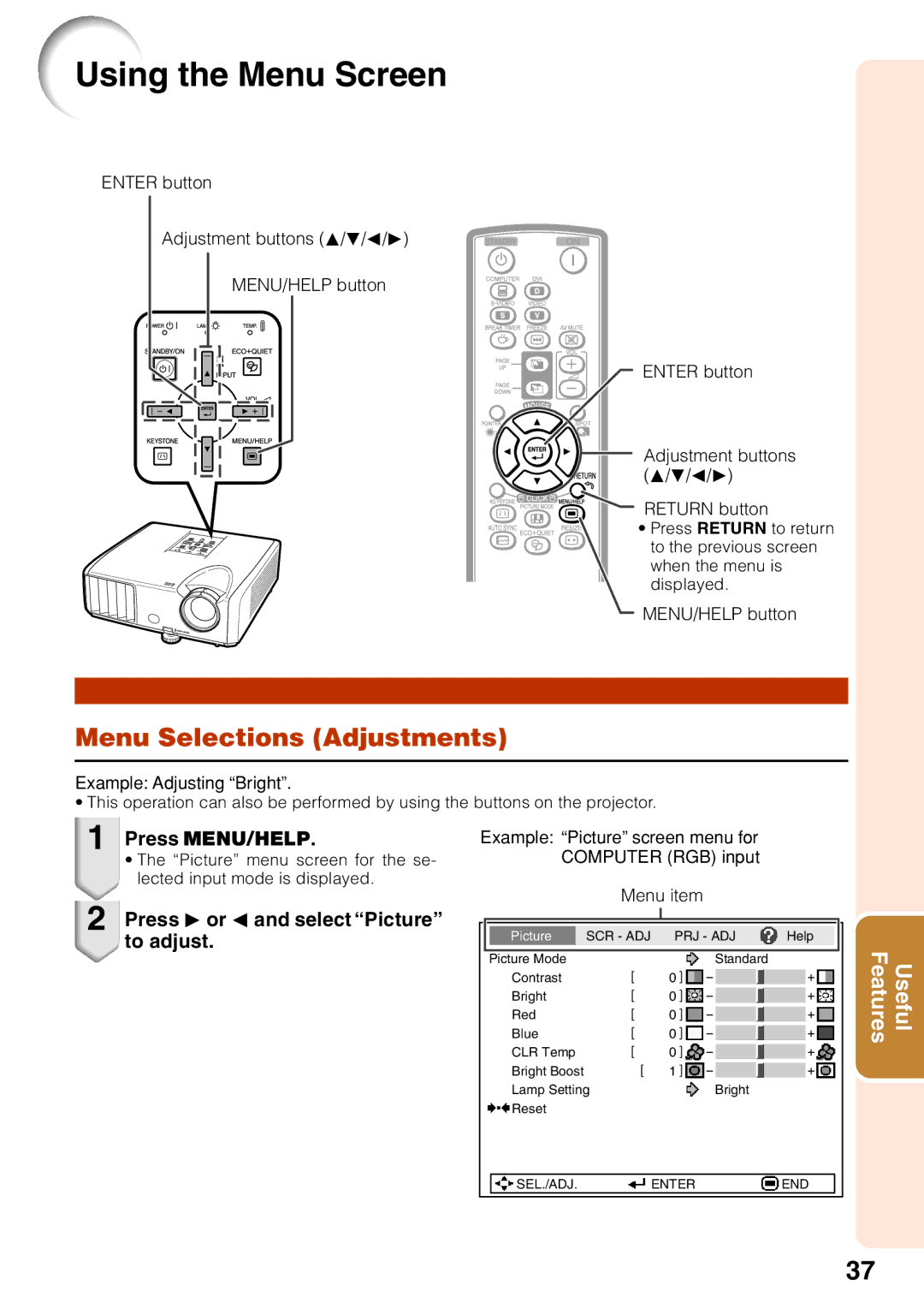 Sharp XG-F210X, XG-F260X Using the Menu Screen, Menu Selections Adjustments, Press Q or O and select Picture to adjust 