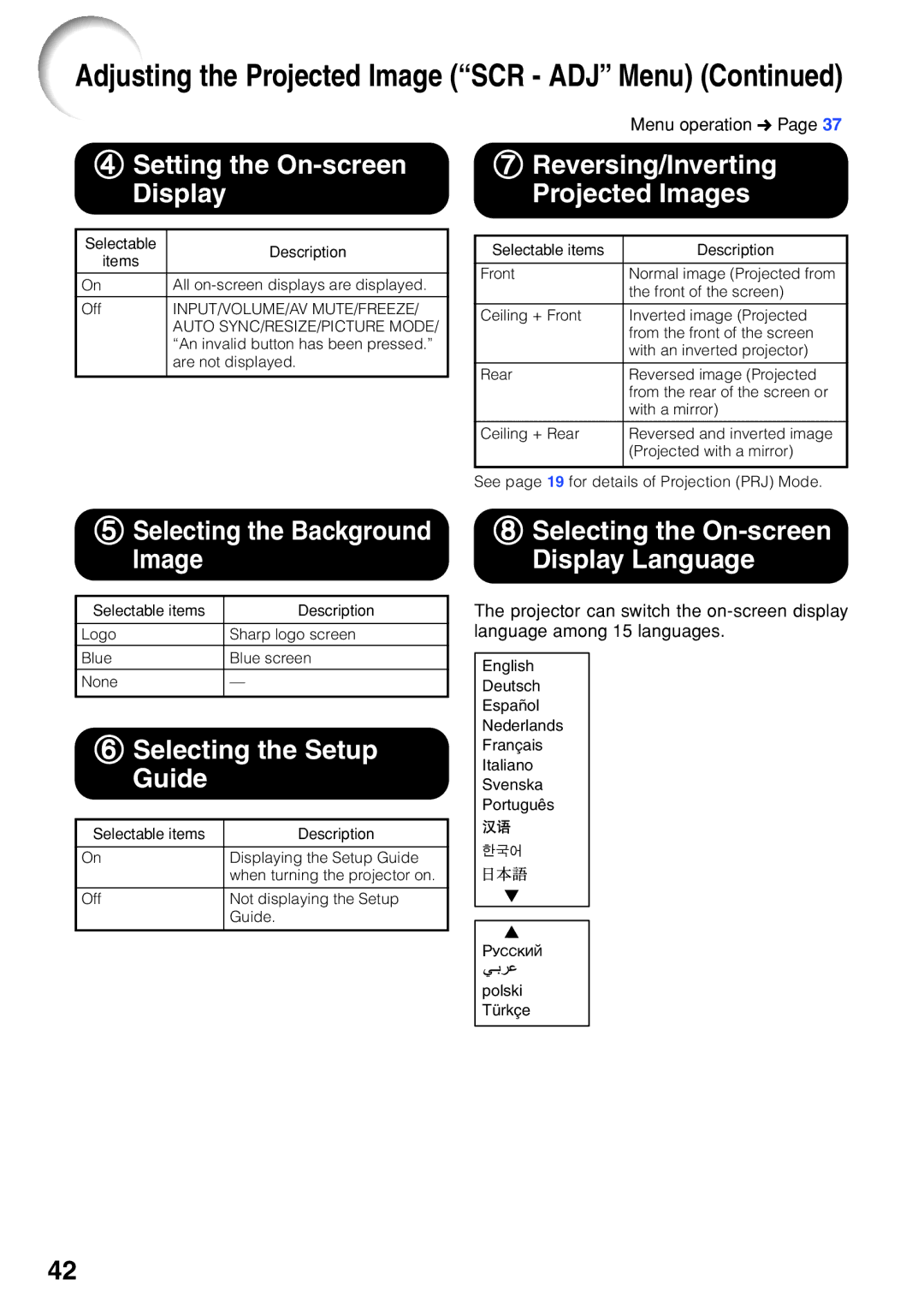 Sharp XG-F260X, XG-F210X operation manual Adjusting the Projected Image SCR ADJ Menu 