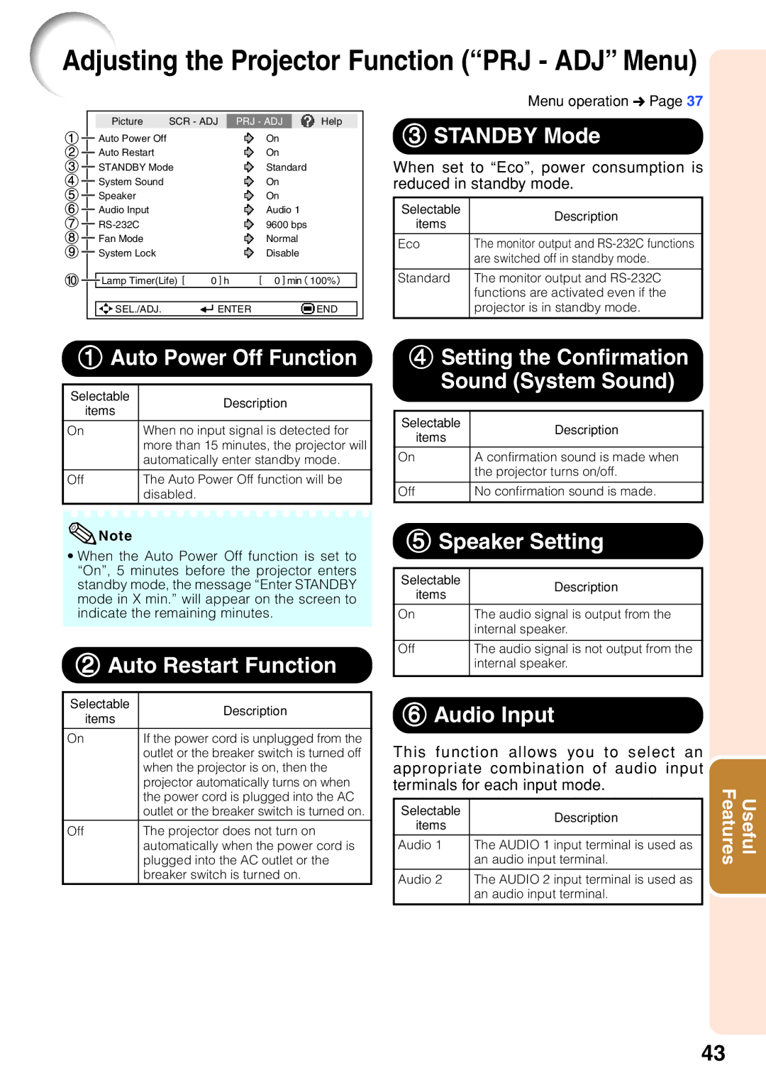 Sharp XG-F210X, XG-F260X operation manual Adjusting the Projector Function PRJ ADJ Menu 